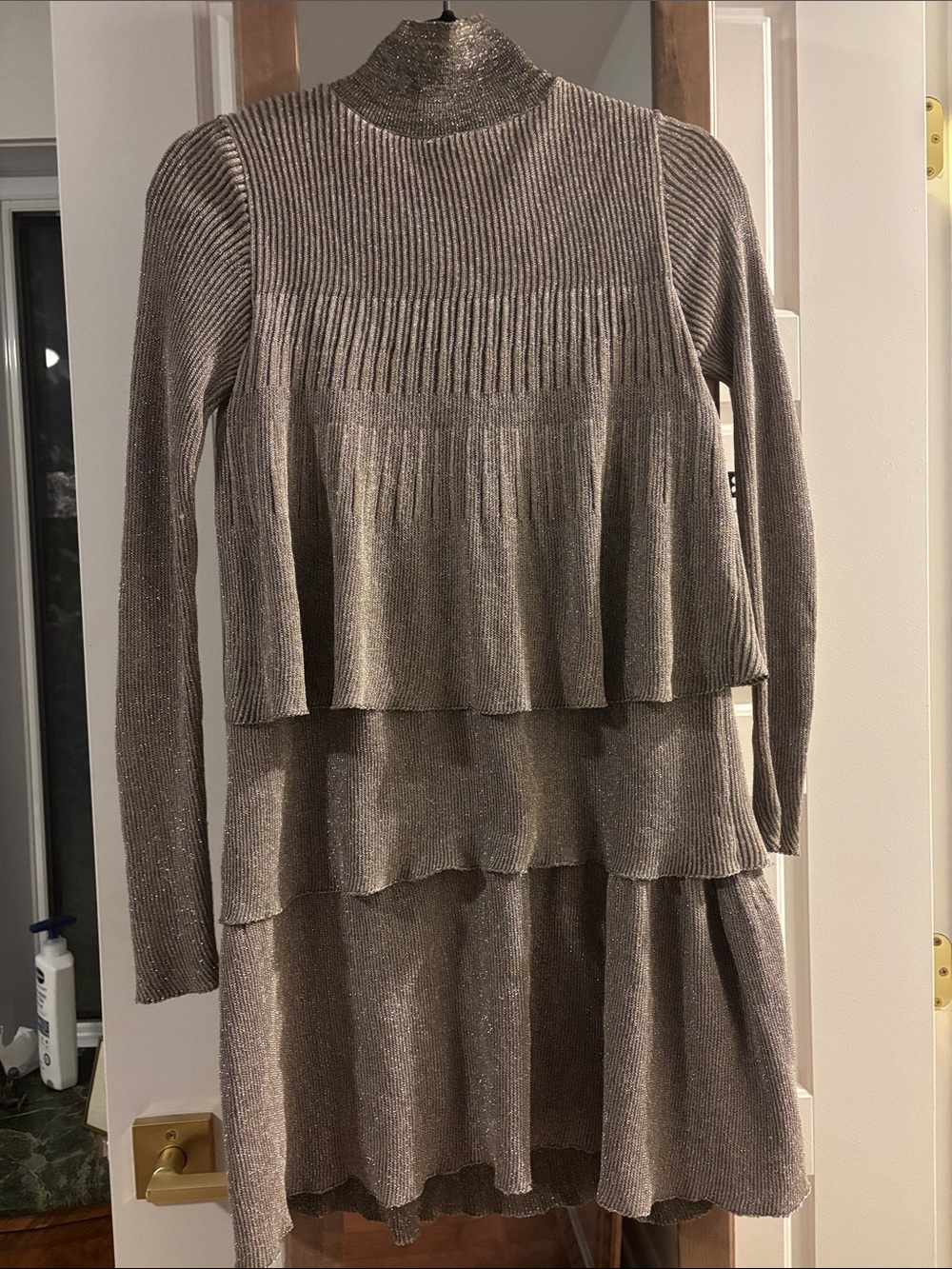 Zara Metallic Taupe Tiered Turtleneck Sweater Dress